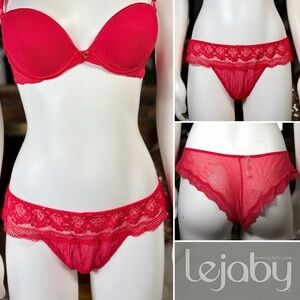 Lejaby Red Lace & Mesh Semi-Sheer Tanga Style Bikini Panty Underwear, Sz XL
